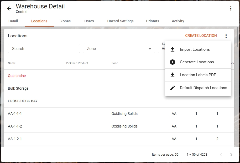 Create warehouse location action menu options.jpeg